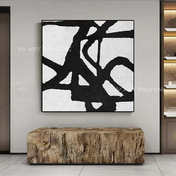 100% Kézzel készített fekete-fehér vonalas pikutre modern egyszerű tájkép olajfestmény otthonra Livng szoba iroda konyha dekoráció