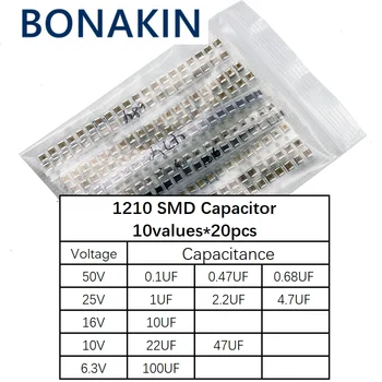 1210 SMD Kondenzátor vegyes készlet, 10értékek * 20db = 200db 100nF ~ 100uF Minták készlet elektronikus DIY készlet
