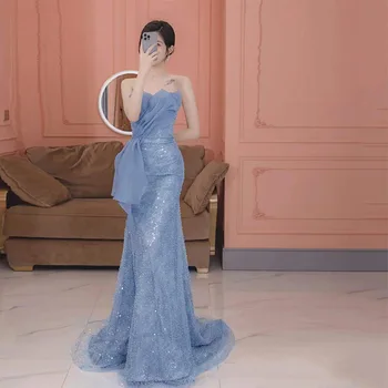 14174#Elegáns kék redős sellő gyöngyfűzés Luxus Maxi báli ruha koktélparti plusz méret formális estélyi ruhák gyári ár