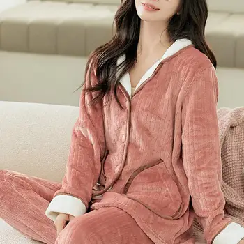 2 db/szett női pizsama szett plüss hosszú ujjú alvó egymellű női hálóruhák női éjszakai ruhák otthoni