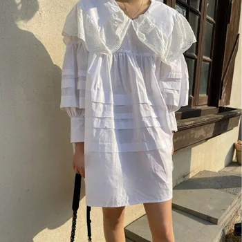 2021 Nyári koreai stílusú csipke laza ingruha ruhák női ruhák fehér egyszerű divat hosszú ujjú ruha