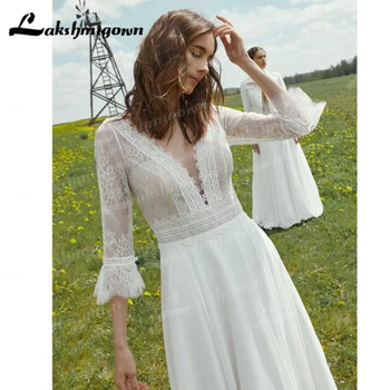 2022 V-nyakú esküvői ruha A-Line Bohemian Vintage nőknek félujjú köntös De Mariage fehér egyedi készítésű lac