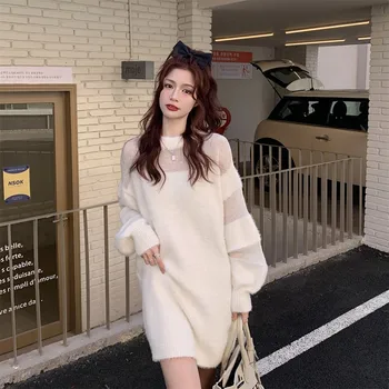 2022 Új érkezés tavaszi koreai stílusú női alkalmi O-nyakú egyenesen térd felett, mini ruha édes aranyos hosszú ujjú ruhák V229
