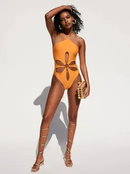 2023 Egyszínű virágos kivágású design Egyrészes fürdőruha női divat Halter fürdőruha Bikini Luxus fürdőruha Strandruha