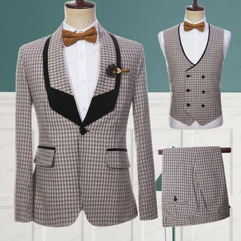 2023 Legújabb formális divat férfi vászon öltöny Khaki Reto Classic kockás fekete hajtóka vőlegény esküvői szmoking, 3 db, szett kabát mellény nadrág