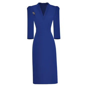 2023 New Fashion Runway Spring Women V-nyakú gallér 3/4 ujjú gyöngyfűző karcsú hölgy Office kék osztott ruhák