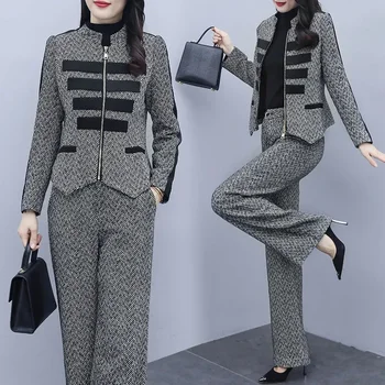 2023 tavasz ősz Új koreai kiadás divat gyapjú szett külföldi rövid kabát széles szárú nadrág kétrészes szett női idegen stílus