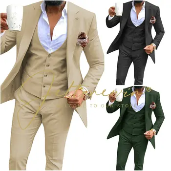 2023 Új divat bézs férfi öltönyök Slim Fit rovátkolt hajtóka 3 darab A legjobb férfi öltönyök esküvőre Blazer + mellény + nadrág jelmez Homme