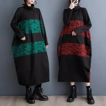 2023 Őszi/téli ruha nő Új koreai divat kontraszt színes virág toldott középhosszú laza gubó magas nyakú ruha C106