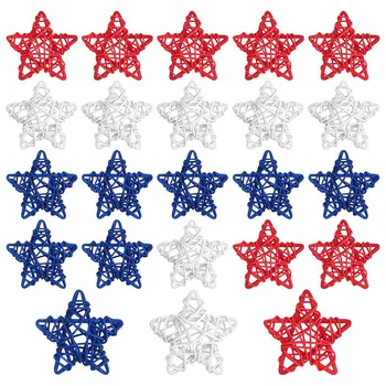 24 darab Július 4. Természetes rattan csillagok Hazafias piros fehér és kék fonott rattan csillagok dísz függő rattan csillag