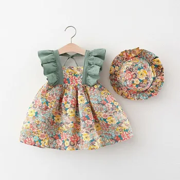2Részes Kislány strandruhák Nyári ruhák Alkalmi Divat Nyomtatás Aranyos masni virág hercegnő ruha+kalap Újszülött ruha szett