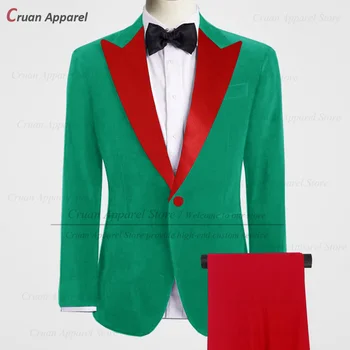 A legújabb bársony férfi öltöny szett Karácsony napja Klasszikus divat Piros zöld ruhák Hivatalos tevékenységek Elegáns férfi blézer nadrág 2 részes