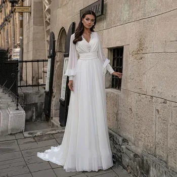 A-Line esküvői ruhák 2023 V-nyakú hosszú ujjú menyasszonyi ruha seprővonat tüll fehér elefántcsont