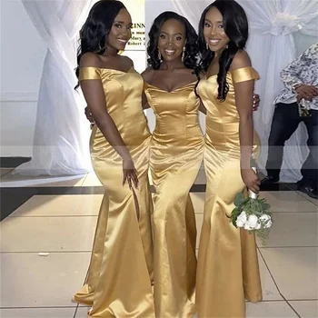 afrikai arany sárga koszorúslány ruhák Vestidos hosszú sellő parti ruha vállról elülső hasított esküvői vendégruha formális eveni