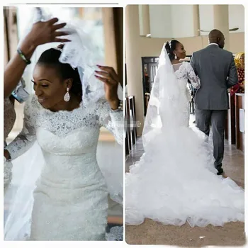 Afrikai sellő esküvői ruhák 2022 Vestido De Noiva fekete lány nők hosszú ujjú csipke menyasszonyi ruhák egyedi gelinlik