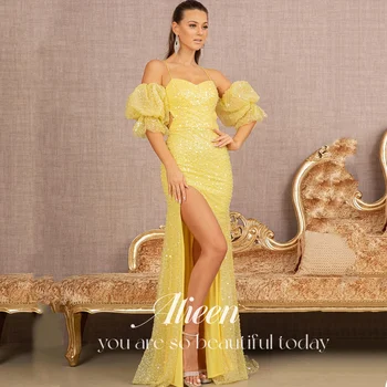 Aileen Party Dress Women Elegant Luxury Dress Party Evening Elegant Luxury Celebrity Yellow Bead Broidery Long Dresses Robe