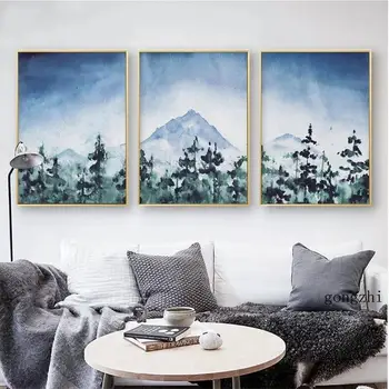 Akvarell Hegyi erdő Táj plakátok Kék zöld vászon Festés és nyomatok Skandináv falfestmények Képek Lakberendezés