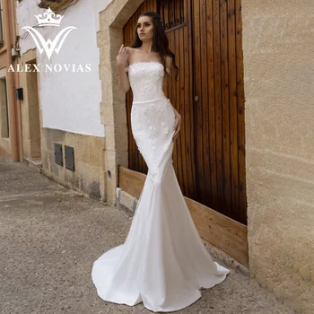 ALEX NOVIAS sellő esküvői ruha 2023 lenyűgöző csúcskategóriás pánt nélküli rátétek elefántcsont szatén menyasszonyi ruha Vestidos Novias de Saten