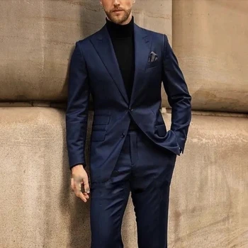 Alkalmi öltönyök férfiaknak Tengerészkék Slim Fit napi kabát nadrág Business Blazer Prom Tuxedo 2 részes Trajes de Boda para hombres 2024