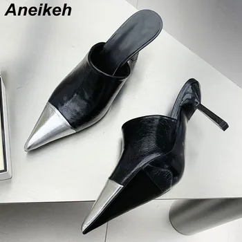 Aneikeh Fashion hegyes orrú öszvérek 2024 tavaszi nők patchwork dekorációs cipő alacsony sarkú női divat ruha csúszdák szandálok