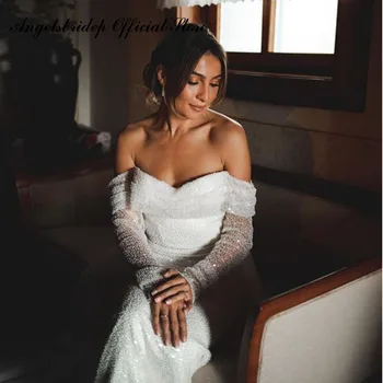 Angelsbridep sellő csillogó tüll esküvői ruha 2022 Bohém pánt nélküli, levehető vonattal Vestidos de Novia Robe de Mariée
