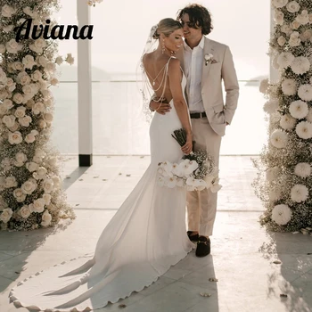 Aviana egyszerű elefántcsont szatén esküvői ruha szexi hát nélküli spagetti pántok hosszú menyasszonyi ruha A-Line egyedi gyártású свадебное платье
