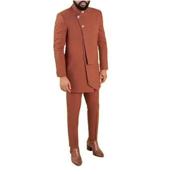 Brown férfi öltönyök Slim Fit 2 részes indiai design állvány gallér alkalmi blézer szettek férfiaknak Esküvői vőlegény Tuxedo szabott öltönyök