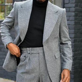 Chic Houndstooth férfi öltöny Slim Fit divat bevágás hajtóka Egy gomb 2 részes formális alkalmi napi esküvői szmokingi öltöny férfiaknak 2023