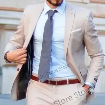 Classic Business krémszínű esküvői férfi öltönyök Slim Fit rovátkolt hajtóka vőlegény Tuxedos2Pcs irodai munka Férfi blézer jelmez Homme