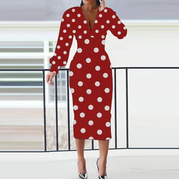 Commute Polka Dot Print Slim Office ruhák Tavaszi őszi lámpás hosszú ujjú V-nyakú partiruha Női csípőtáska Szexi hosszú ruha