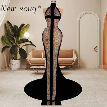 Couture Fashion Black High Neck Ujjatlan hosszú estélyi ruhák Elegáns gyönyörű strasszláncok Rojtok Bársony gála parti ruhák