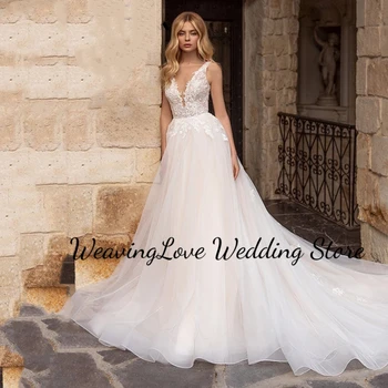 Csipke rátétes tüll hát nélküli A-vonalú hercegnő esküvői ruha mély V-nyakú partiruhák menyasszonyi ruha Vestido De Noiva Casamento 2023