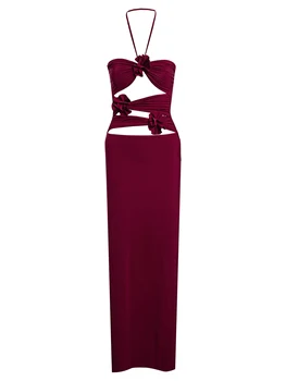 Damen Neckholder-Ausschnitt Schlauchkleid trägerlos rückenfrei 3D Blume Rüschen gerüscht langes Kleid schulterfrei
