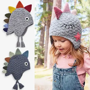 Dinoszaurusz bébi kötött kalap aranyos fülvédő puha horgolt baba kalap rajzfilm melegen tartani kalap fiúk lányok