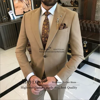Divat Khaki öltönyök férfiaknak Slim Fit Business Blazer Hombre esküvői vőlegény Tuxedo Daily 2 részes készlet kabát nadrág jelmez Homme