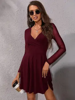 Divat női ruhák kora tavaszi szexi karcsú mini ruha elegáns hálós hosszú ujjú fekete bor Red Party Club ruha