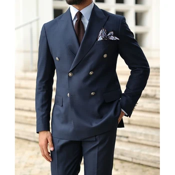 Dupla mellű sötétkék férfi öltönyök csúcshajtókás lapos normál hosszúságú luxus szett formális blézer alkalmi outwear 2 részes kabát nadrág