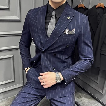 Dzseki + nadrág 2 részes szett férfiaknak 2024 Márka Slim Business férfi ruha öltönyök esküvői vőlegény party csíkos jelmez Homme Plus méret