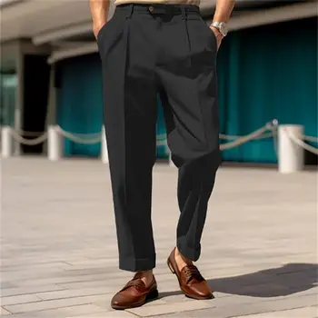 egyszínű férfi nadrág Hivatalos üzleti stílusú férfi öltönynadrág széles lábbal Légáteresztő anyag irodai ingázáshoz Derékközép szilárd