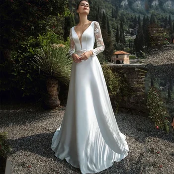 Elegáns A vonalú szatén esküvői ruhák nőknek Szexi V nyakú hát nélküli menyasszonyi ruhák Csipke hosszú ujjú Vestido De Noiva 2024