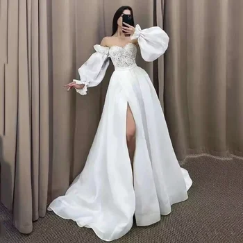 Elegáns fehér esküvői ruhák csipke organza puffos hosszú ujjú menyasszonyi ruha 2024 osztott oldalú strandesküvői ruhák Boho női couture