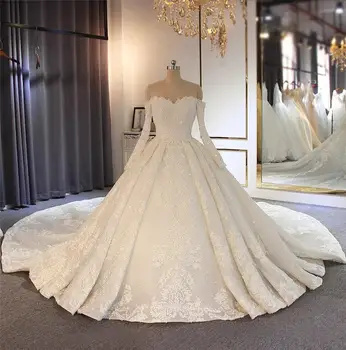 Elegáns, vállon kívüli hosszú ujjú báli ruha Esküvői ruhák 2024 Luxy Royal Train Vestido de Novia menyasszonyi ruhák valódi fotók