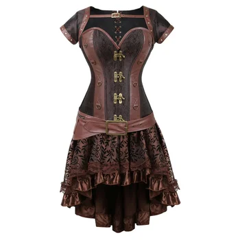 Európai és amerikai udvari fűző Barna hasított öltöny formaruha Steampunk ruha Gótikus PU bőr felső reneszánsz ing