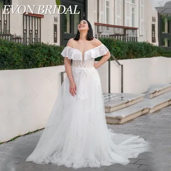 EVON MENYASSZONYI Oversize vállról levehető esküvői ruha V-nyakú csipke fel menyasszonyi ruhák A-vonalú csipke rátét egyedi készítésű Vestidos novias boda