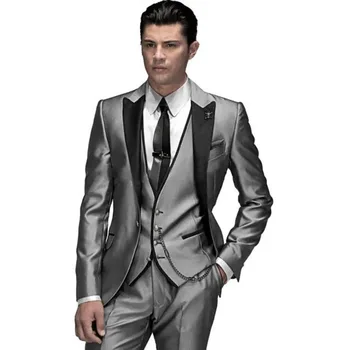 Ezüstös férfi öltönyök Blazer Black csúcsos hajtókás egymellű formális 3 részes kabát nadrág mellény Slim Fit Business Blazer teljes szett