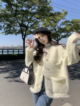 Faux Mink Velvet Single Breasted Cardigan Elegant Women 2023 ősz Koreai stílusú hölgy bojt él Vintage ingázó egyenes kabát