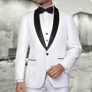 Fehér esküvői szmoking, vőlegény fekete kendővel hajtóka 3 részes formális üzletember öltöny készlet kabát mellény nadrággal Férfi divat