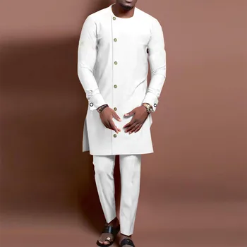 Fehér terno öltöny férfiaknak O-nyakú hosszú kabát Afrikai egymellű kétrészes kabát nadrág alkalmi viselet Blazer Hombre 2023