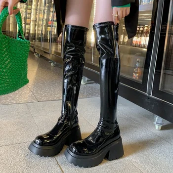 Fekete csizma női platform Vaskos csizma Luxus designer party cipő Női kényelem sétacipő Botas zapatos mujer 2023