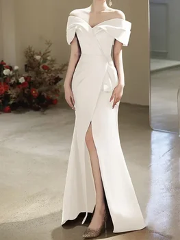 francia Egyszerű perjel V-nyakú esküvői parti ruha temperamentum Slim Fit Back Strap Design szalagavató köntös osztott padlóhossz Vestidos